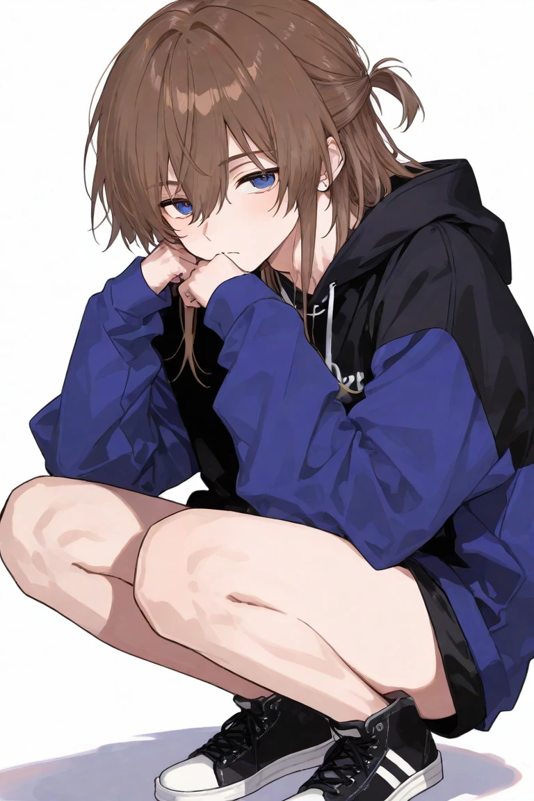 Un chico guapo con rasgos faciales claros., una chaqueta ancha, ojos azules, curly brown hair, Nssfw, hentai, sonrojado, ereccion, ropa interior 