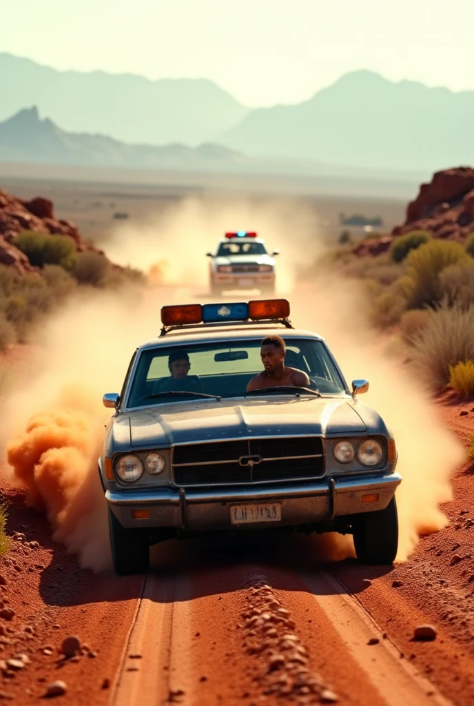 One vintage car in a highway and 2 boys wearing tuxedos one sitting on top of the roof of car and another standing on the roof of car and the guy is little upset and holding a rose and standing guy holding a gun in little aggression with a little bleeding and their background is black flame smokey and the highway is in desert and behind them there is a modern city burning and smokey buildings