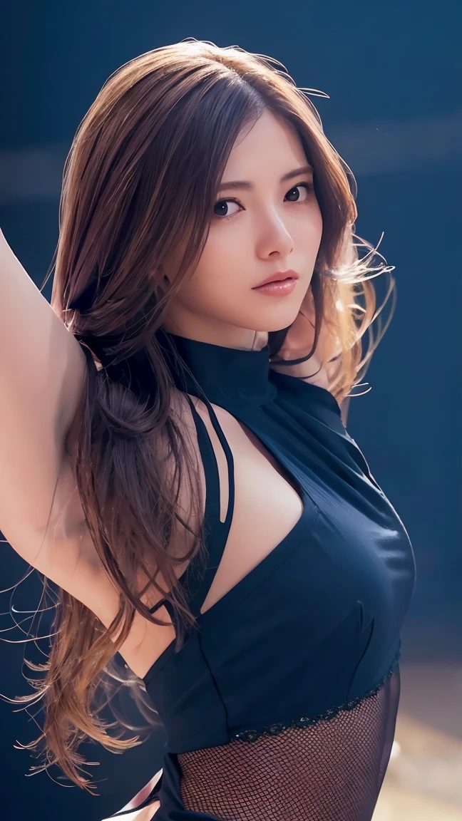 1 female,masterpiece, Highest quality, Very detailed, 複雑に詳細なSuper detailed, Realistic, Sharp features, Very detailed, Sharp focus, Perfect Face, Perfect Face, Perfect symmetrical perfect eyes, Perfect Plump Lips, Flexible female form, Cinematic, Film Light, Super detailed, hyper Realistic, High resolution, Vibrant, Dynamic Studio Lighting, ((Dark Background)), Sexy Face, The expression when receiving pleasure, Straight bangs, Big Breasts, Exposed cleavage, Brown eyes,Black sweater, Cowboy Shot,