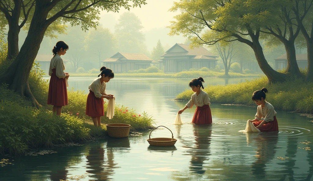 Village pond, girls washing clothes, emotional gaze of the mother from distance.