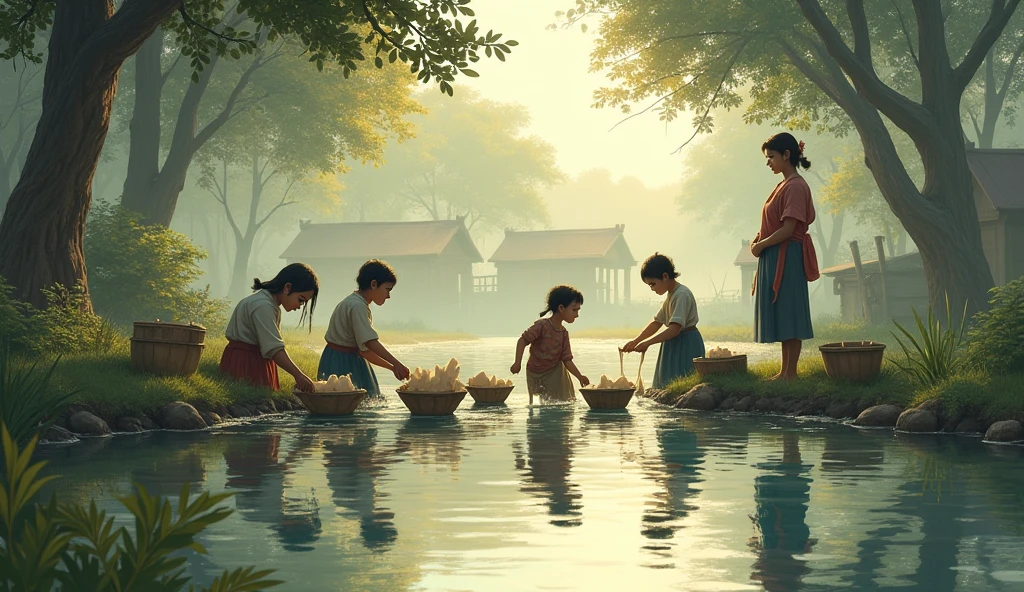 Village pond, girls washing clothes, emotional gaze of the mother from distance.