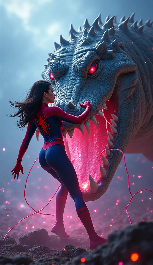 Very giant Venom symbiote attacking fighting with a woman with black hair and a red costume in a city with a slightly destroyed environment, and some burning things, side view image