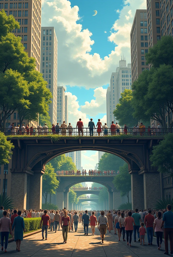 Make an image of one side a rich society and only the other a poor society connected by a bridge