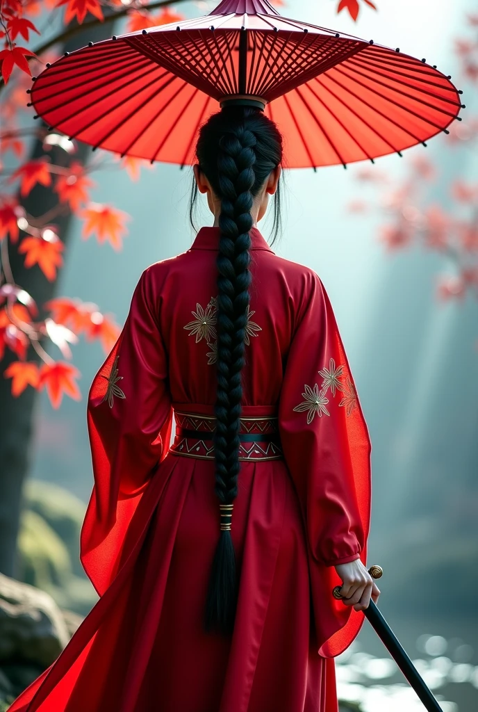 A woman with long, intricately braided dark hair wears a flowing red robe adorned with delicate embroidery. She holds a traditional sword in one hand while a large red parasol shades her from above. The background features stylized branches and vibrant red leaves, suggesting an ethereal outdoor setting. The atmosphere is one of mystery and elegance, enhanced by the soft, diffused lighting that casts gentle shadows. The perspective captures her from behind, emphasizing the flowing lines of her attire and her poised stance.