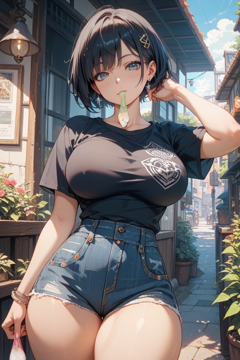 (masterpiece:1.2) (best quality) (detailed) (intricate) (8k) (HDR) (cinematic lighting) (sharp focus), (perfect face), ((( 1 girl ))), cool looking woman, short hair, tomboy, mature, expressive eyes, heterochromaia eyes , (perfect female proportions), (very large breasts), women loose shirt, with casual shorts, long legs, skinny legs, slim hips, tomboy, milfication, mature female, casual clothes, the loneliest girl, artistic, (golden hour), (rain, sad), luminism, serenity, Anime art, a contrast between the realistic and the absurd, Focused on Woman, chaotic, high creative, dynamic, informative