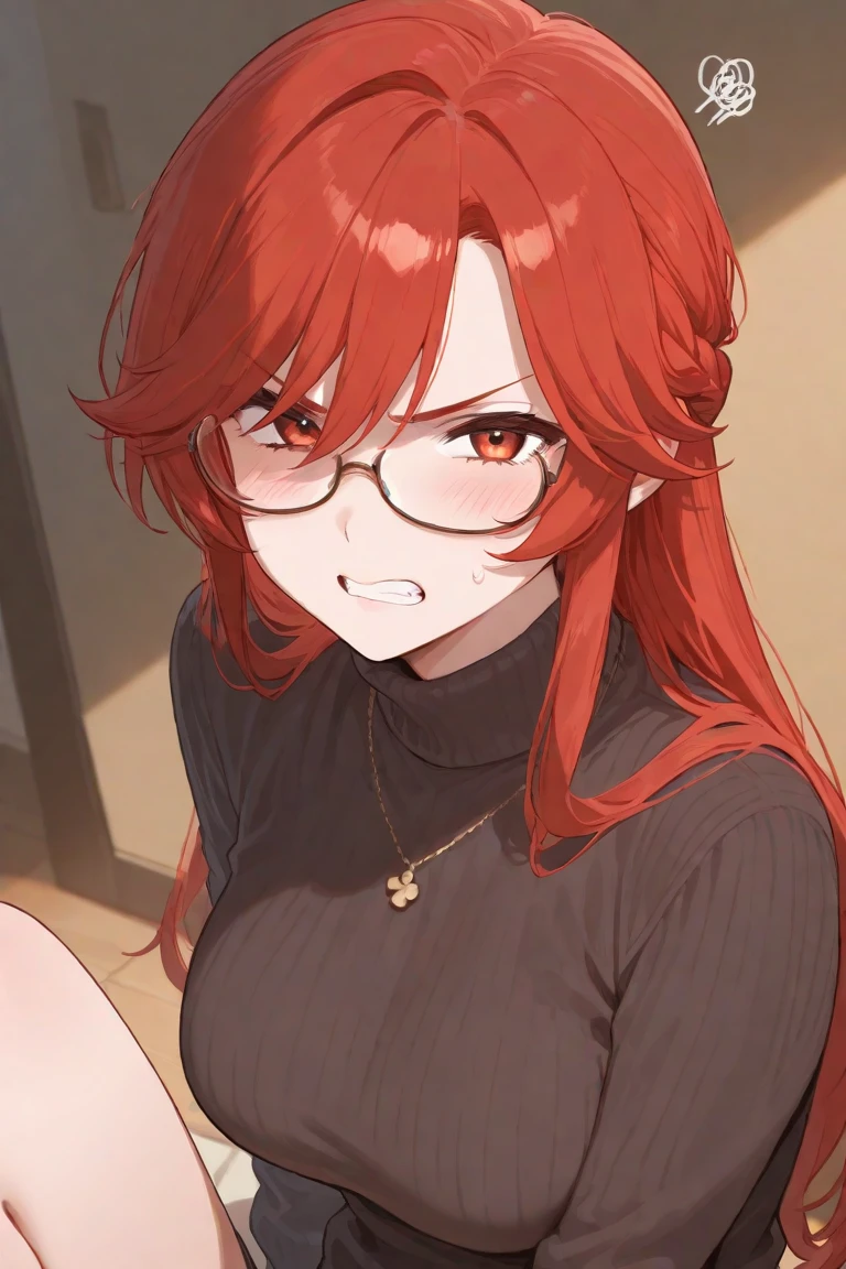 (masterpiece), best quality, expressive eyes, highres, anatomically correct, 1girl, perfect face, perfect hands, female, pale, glasses, straight hair, blunt bangs, red hair, very long hair, grey eyes, glasses, weak, tired, small breasts, graphic t-shirt, gothic, emo, goth, exposed left shoulder, piercings, ear piercings, lip piercings, fatigue, eye-bags, sore, blank eyes, expressionless, weak, bored face, bored eyes, swept bangs, choker, standing, freaked out, shocked, nervous, stressed, sweating, red hair, grey eyes, wet shirt, black jacket,