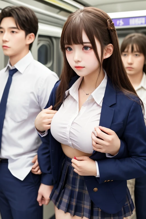 (angle from below:1.5), 1girl, (solo), blush, (seductive smile:1.3), ((15 years old)), (big breast:1.8), nsfw,((com on face)), (cum on body:1.3), ((excessive cum:1.5)), ((beautiful anime eyes with fine detail)), realistic skin, (((sailor suit))), (Navy blue pleated mini skirt), nsfw, ((skirt lift:1.5)), ((spread pussy:1.5)), spread legs, ((thigh-high socks)), Subway train interior background, in a crowded train, (Lots of men on the train), men wearing suit pants, man standing behind a girl,