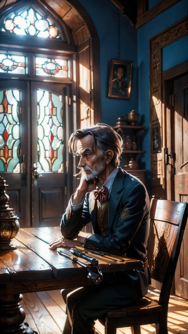 Pinocchio on a table with his hands on his waist and looking into the distance, an old man in a suit and with craftsman's tools sitting on a chair at that table, a magical house with giant wooden figures on one wall and another and giant doors, beautifully decorated windows, intricate details, magical colors,

