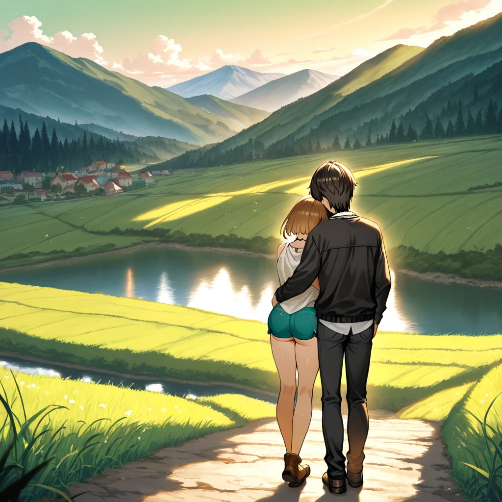 Love couple, Male Rover and Ryza, glasses, hugging each other, depressed looking, green landscape and river, masterpiece, best quality, High resolution 