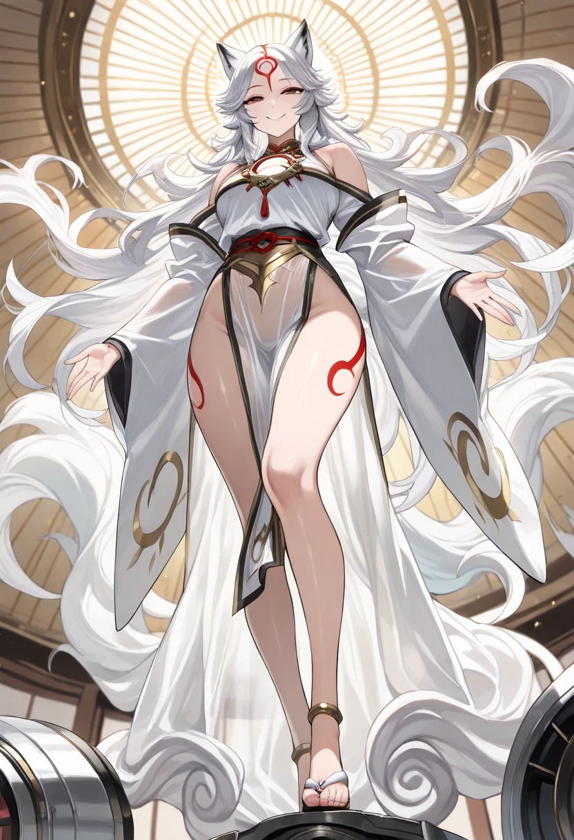 Masterpiece, absurd, 1 girl, mom, white hair, red eyes, movie light, white skin, mature, solo, long hair, smile, cleavage, big breasts, long legs, white fur, thick collar, rigorous anatomy, chest ribbon: o,