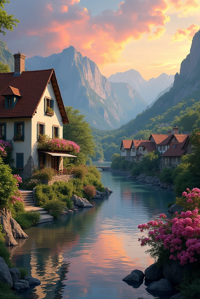 a small village by the river, mountains in the background, floral flowers colorful, detailed landscape, Beautiful natural landscapes, atmospheric lighting, scorching sunset, warm colours, practical, photopractical, Detailed Foliage, complex buildings, cobblestone street, Charming country house, swirly vibrant colors, lush vegetation, Still water reflections, Picturesque, idyllic, work of art, best qualityer, 8k, extremely detaild,anime styling