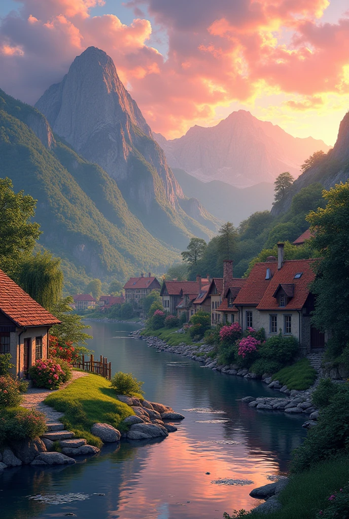 a small village by the river, mountains in the background, floral flowers colorful, detailed landscape, Beautiful natural landscapes, atmospheric lighting, scorching sunset, warm colours, practical, photopractical, Detailed Foliage, complex buildings, cobblestone street, Charming country house, swirly vibrant colors, lush vegetation, Still water reflections, Picturesque, idyllic, work of art, best qualityer, 8k, extremely detaild,anime styling