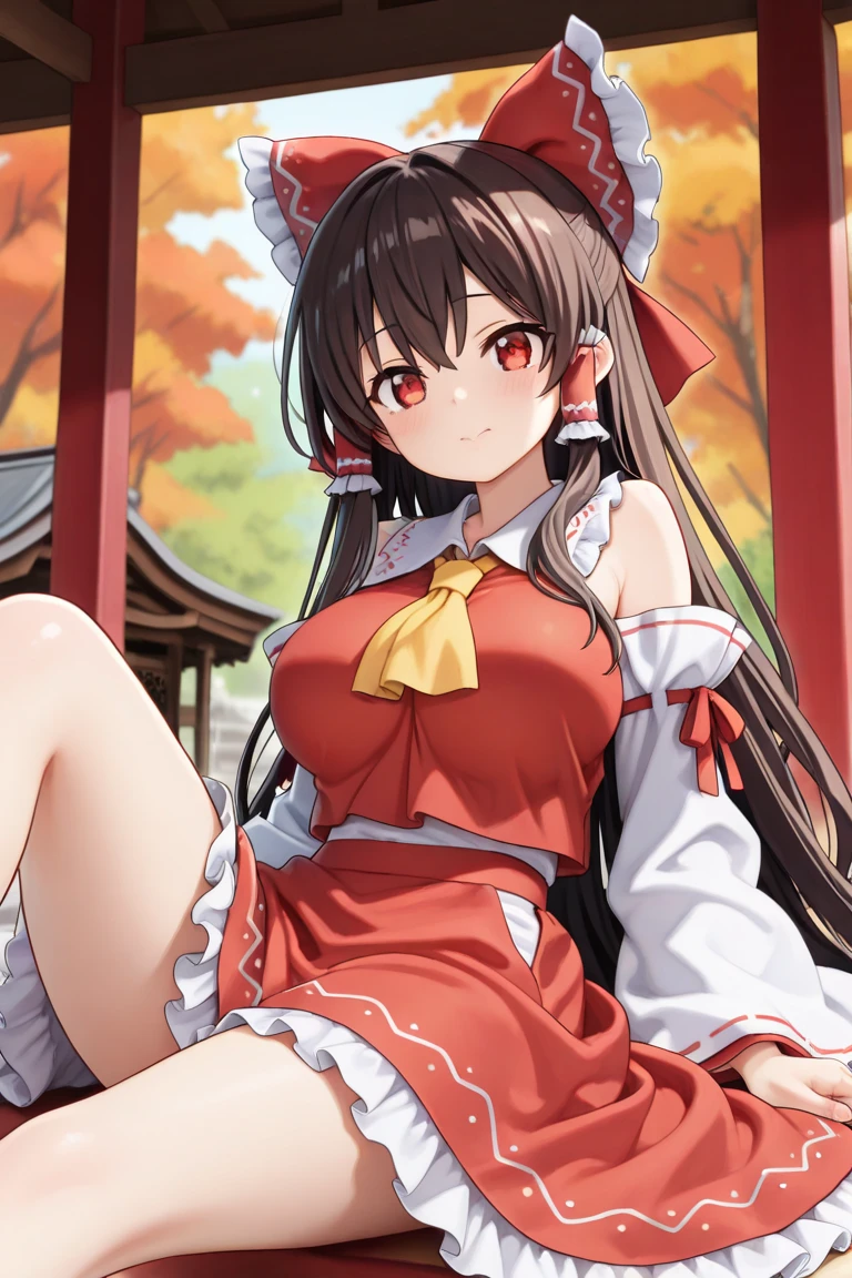masterpiece, best quality, very aesthetic, absurdres, newest,1girl, huge tit, areola_slip,,hakurei_reimu, touhou, 1girl,bow, brown_eyes, brown_hair, detached_sleeves,frilled_bow, frilled_hair_tubes, frills, gohei, hair_bow, hair_tubes, hat, long_hair, midriff_peek, open_mouth, red_bow, red_skirt, ribbon, ribbon-trimmed_sleeves, ribbon_trim, skirt, skirt_set, smile,witch_hat, yellow_ascot,,beside window