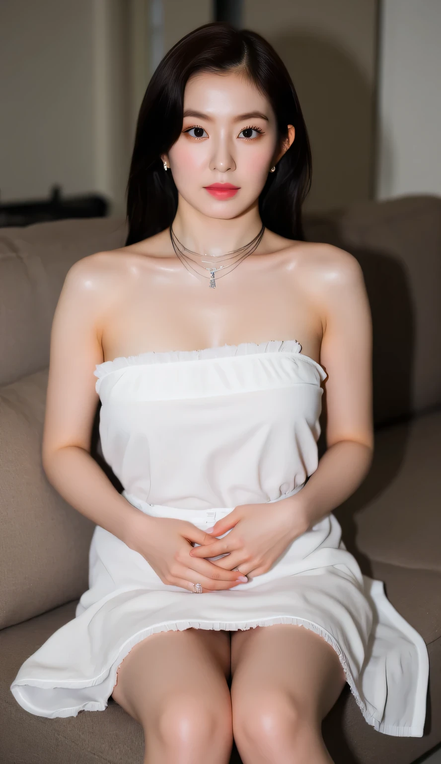 a woman, sitting upright at the living room table, both legs wide open, both hands folded on the stomach, body facing front, Eyes looking at the camera, naked round, use only a long apron of white color, big size G-cup, hair model bob black, face seductive expression,