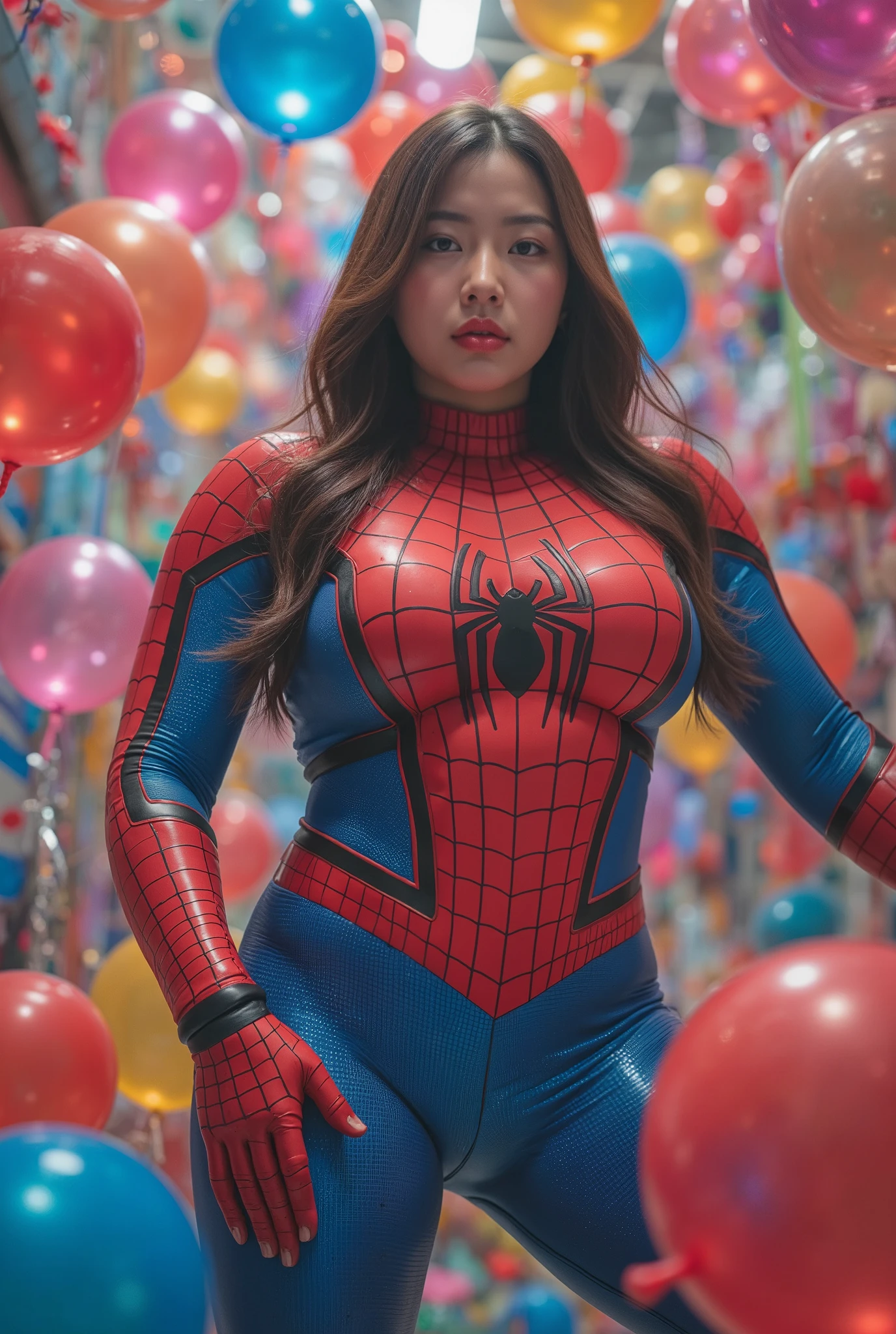 busty curvy super muscular korean female wearing spider-man latex suit surrounded by balloons