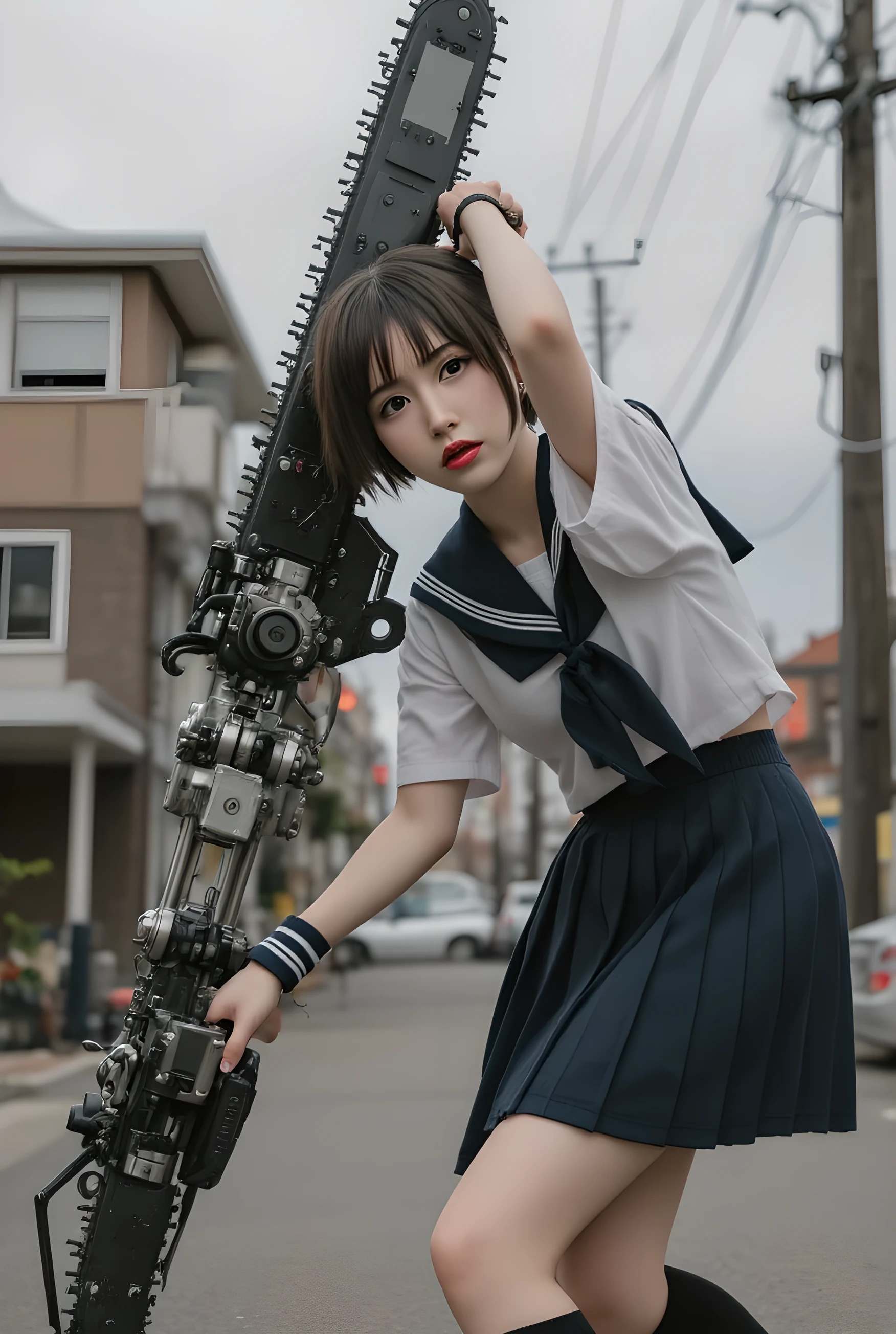 GOD EATER, a commanding figure of a Japanese girl in a sailor school uniform miniskirt stands in a dystopian urban setting, ((wielding a massive, highly detailed mechanical chainsaw-like sword covered in complex mechanical parts , gears and rivets, very steely. The other hand is wrapped in chains, giving it a sinister appearance))). (((The girls frailty contrasts greatly with the mechanical chainsaw-like sword))), adding to the mysterious and intimidating presence. The backdrop is of dilapidated buildings and power lines, set against a gray sky, enhancing the desolate and industrial atmosphere of the scene. The overall image exudes a sense of power, danger, and a post-apocalyptic feel. Beautiful face with ultra-realistic and exquisite facial features. ,Ultra-detailed, F-GVA mechanical chainsaw sword