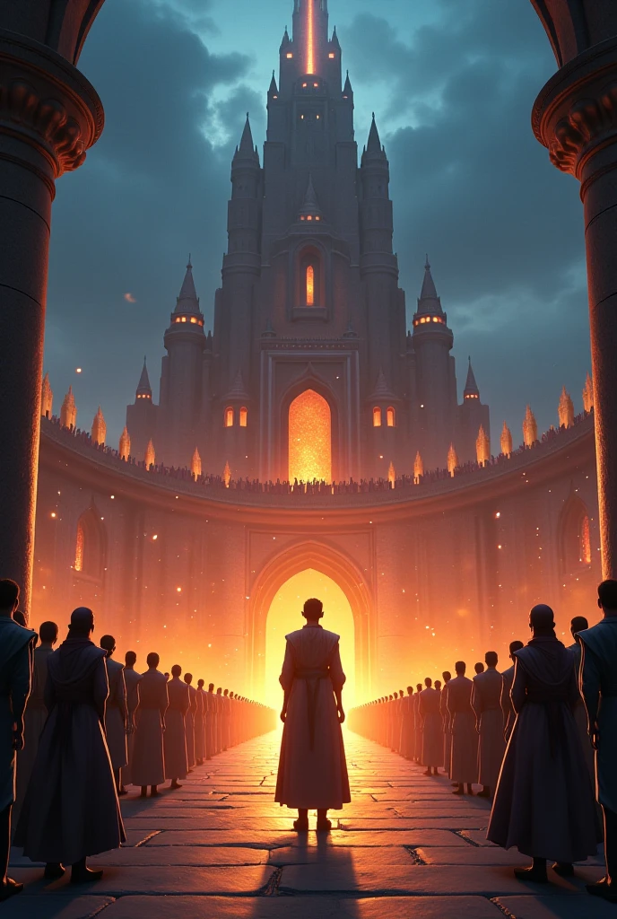 A stunning anime-style cinematic scene capturing the sudden stillness before Qarun's downfall. The frame is frozen in time: Qarun stands tall at the center of his palace courtyard, but the warm glow that once surrounded him has faded into a cold, eerie twilight. His confident posture is unchanged, but his expression shows a flicker of doubt—as if sensing an unseen doom approaching. Behind him, his towering palace casts a long, sharp shadow over the ground. The people who once envied him now stand frozen, their faces slowly turning to fear and confusion. The entire scene is drenched in silence, as if the world is holding its breath. The color palette shifts from warm golds to desaturated blues and purples, with a haunting soft grain (film-like texture) that adds emotional weight. Dust and light particles hang suspended in the air. The camera angle is slightly tilted, creating unease, with dramatic lighting casting stark contrasts across the characters. The art style blends rich painterly textures with cinematic composition—similar to Violet Evergarden and Demon Slayer—with high contrast outlines, beautifully detailed fabric, glowing highlights, and a slow-motion effect captured in a single frame. The overall mood is a mixture of majestic stillness and overwhelming tension—like a divine warning just before everything collapses