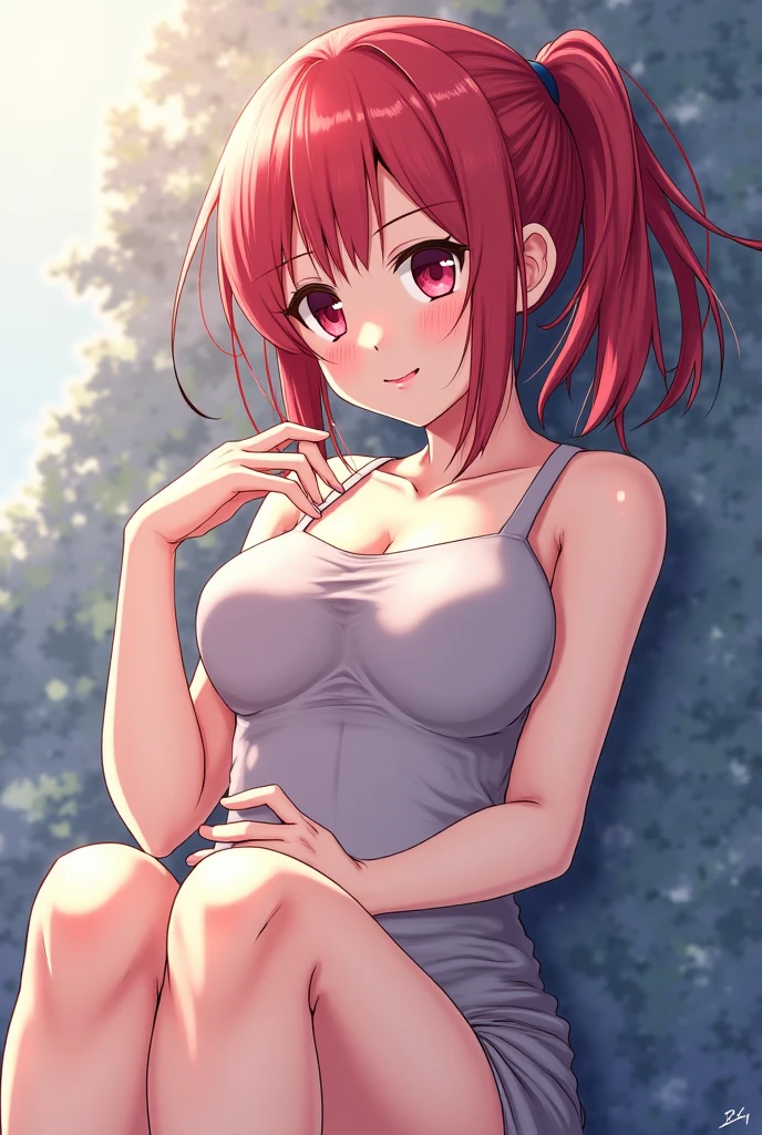 ((greatest masterpiece:1.3, ultimate quality:1.3, ultra-detailed:1.2)), (movie lighting), ((perfectly sensual)), super fine illustration, an extremely delicate and beautiful, 4K, 8K, 16K, UHD, 1girl, solo, extremely beautiful girl, vibrant hair, beautiful eyes, large breasts, anatomically perfect, beautiful detailed face, sexy smile, blushing cheeks, looking up, Rabbit pose, arms raised above head, halter neck off-shoulder sleeveless top, miniskirt, thigh-high socks, zettai ryouiki, sunny park, view from above, cinematic angle, official art style, daring composition, sexy, flawless AI-assisted, world-class artwork
