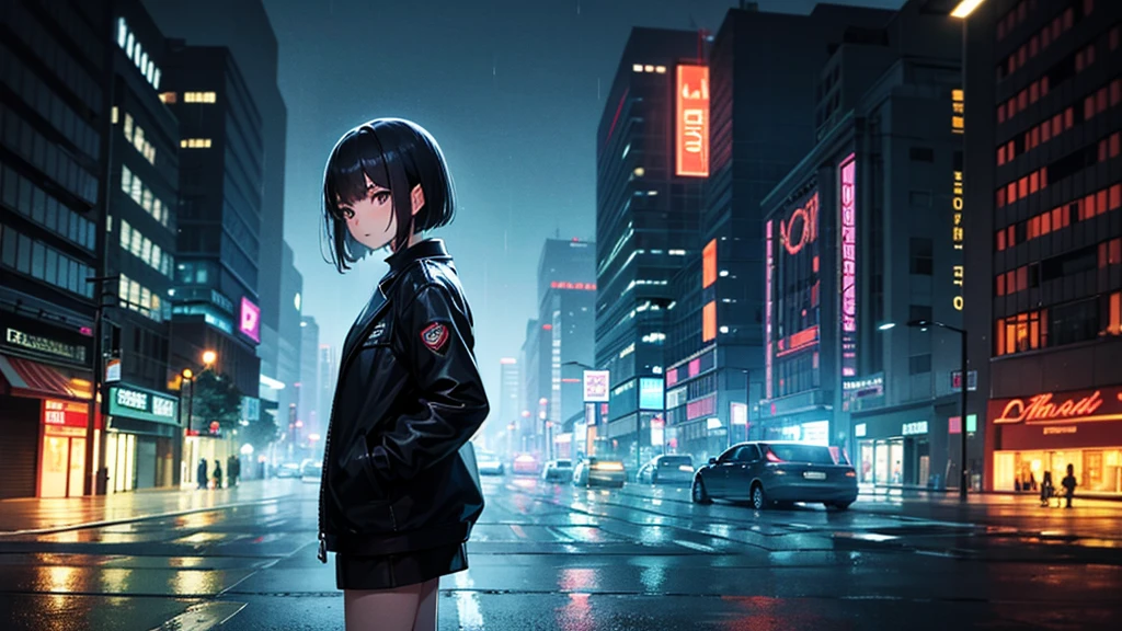 girl standing alone in a night town、bob cut in a black jacket、Strong and straight eyes。The background is urban neon lights and wet asphalt after the rain。pose is quiet but has hidden strength within。stylish and urban、artistic and rebellious composition
