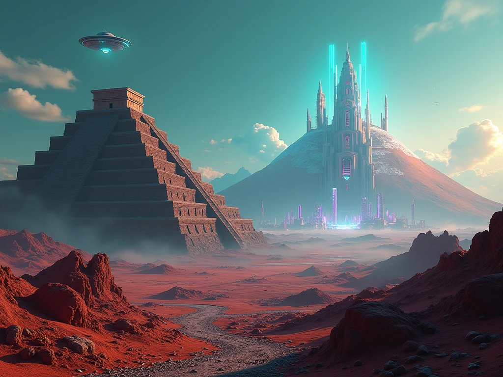 Mexican desert landscape with the Cholula pyramid and the Popocatepatl volcano in the background mixed with a futuristic landscape in neon colors , Flying saucers flying