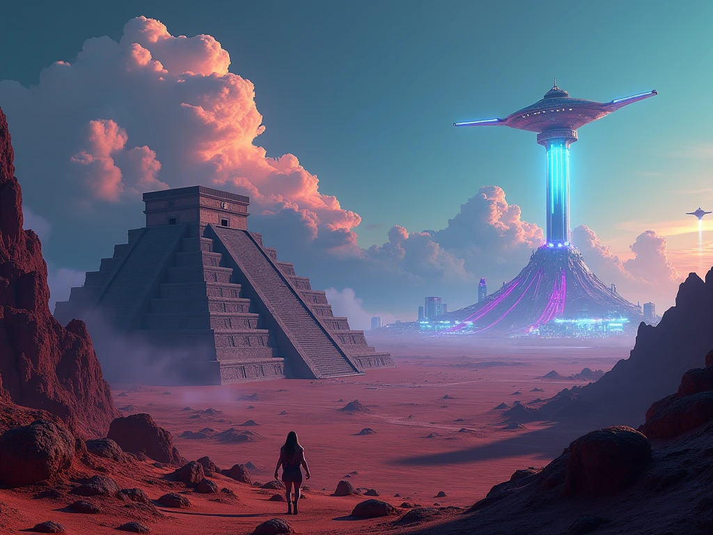 Mexican desert landscape with the Cholula pyramid and the Popocatepatl volcano in the background mixed with a futuristic landscape in neon colors , Flying saucers flying