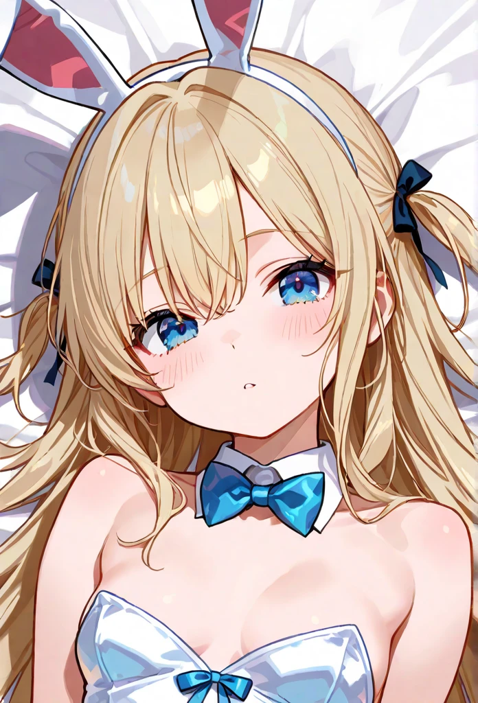 masterpiece, highest quality, 1 girl、alice margatroyd, medium blonde hair(wearing a red headband.........),blue eyes,bedroom background、big breasts、thin、full nude、I can see the whole body、Face in the heat、courtship actions、seeking courtship、beautiful breasts、blush、sleep on your back、legs open