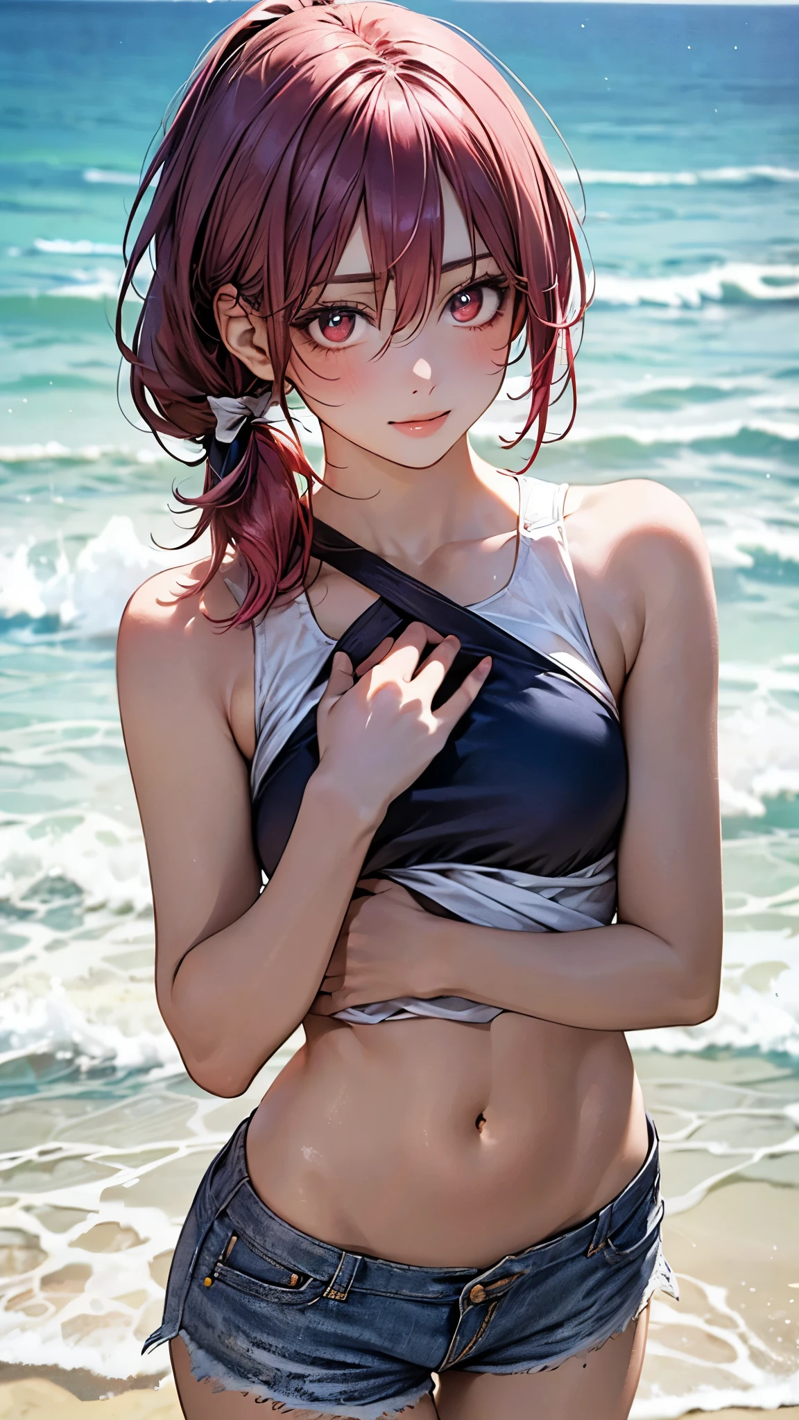 masutepiece, Best Quality, High resolution, Ultra High Resolution, depth of fields,1girl in, Red Eyes, Red hair, ((Bob Hair)), (Shorts Triangle Bikini), (Short denim pants), (arms behind head, armpits), small breasts, naked, exposed skin, wet skin, (sea)