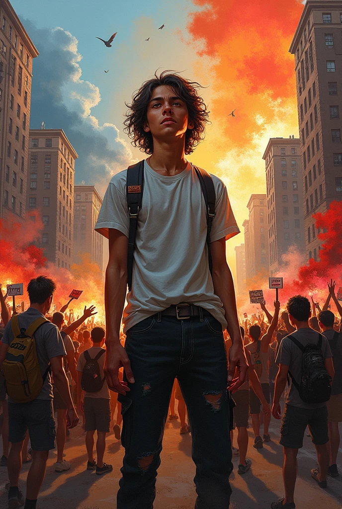 generate an image showing rebellion as a form of protest against what you have been denied or against which you feel resentful. make it as a painting and relatable with nowadays adolescents 