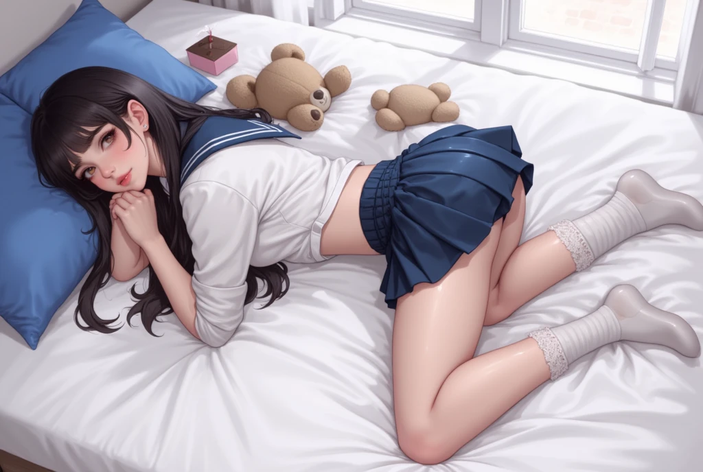 Real person, best quality, masterpiece, super high resolution, realistic, realistic, loli, lying in bed, band-aid on private parts, open legs, white stockings, straight belly, school outfit, twelve