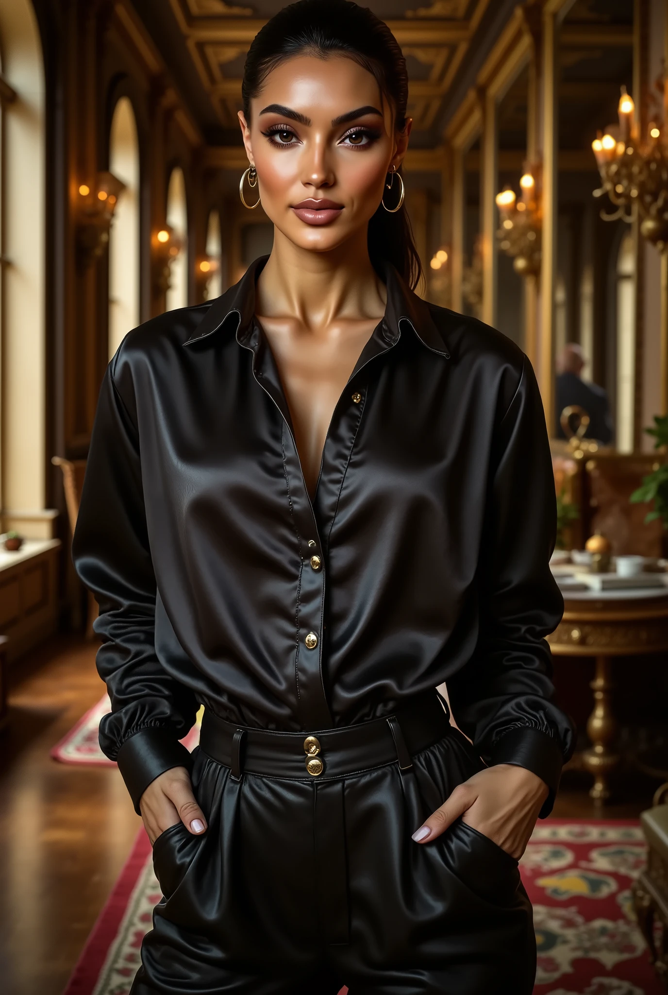 woman in mulbery shirt and black pants posing in a room, silk, satin, black, inspiration, onyx, amber, anja millen, wearing silk, close portrait, essence, victoria, portrait, classic portrait, elegant style, detailed realistic skin texture, realskin, silky, silky garment, lookbook, Palace of Versailles, Hall of Mirrors