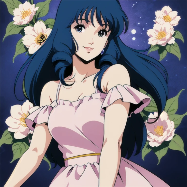1girl, breasts, solo, purple eyes, black hair, long hair, hair ornament, flower, looking at viewer, navel, pelvic curtain, large breasts, smile, hair flower, dress, cleavage, thighs, bangs, frills, revealing clothes, bare shoulders, blush, purple flower, closed mouth, rose, collarbone, underwear, very long hair, purple rose <lora:toshihiroV73-000183:1>