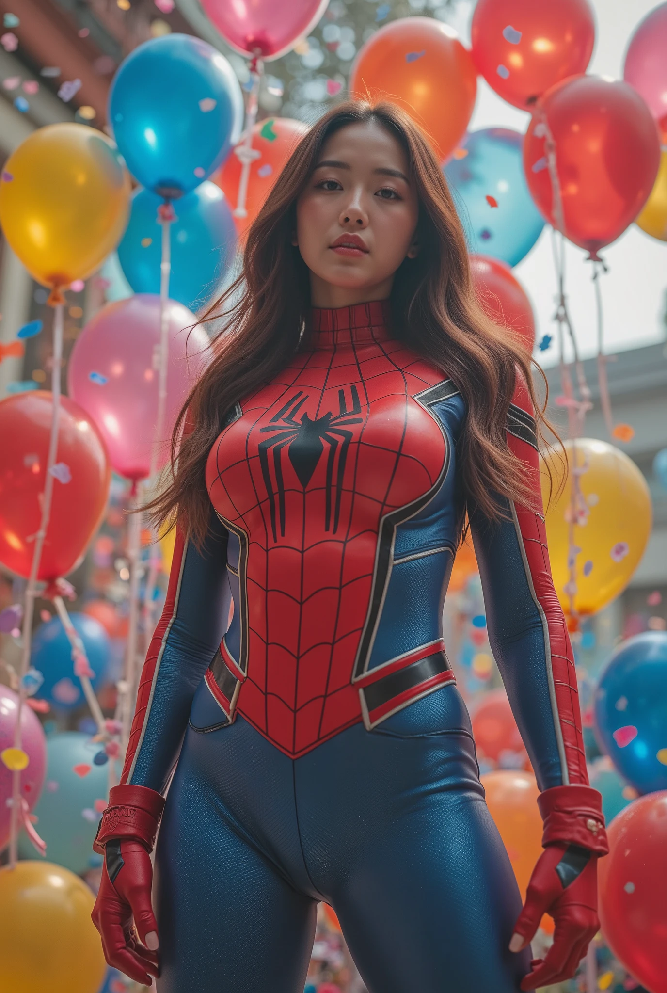 busty curvy super muscular korean female wearing spider-man latex suit surrounded by balloons