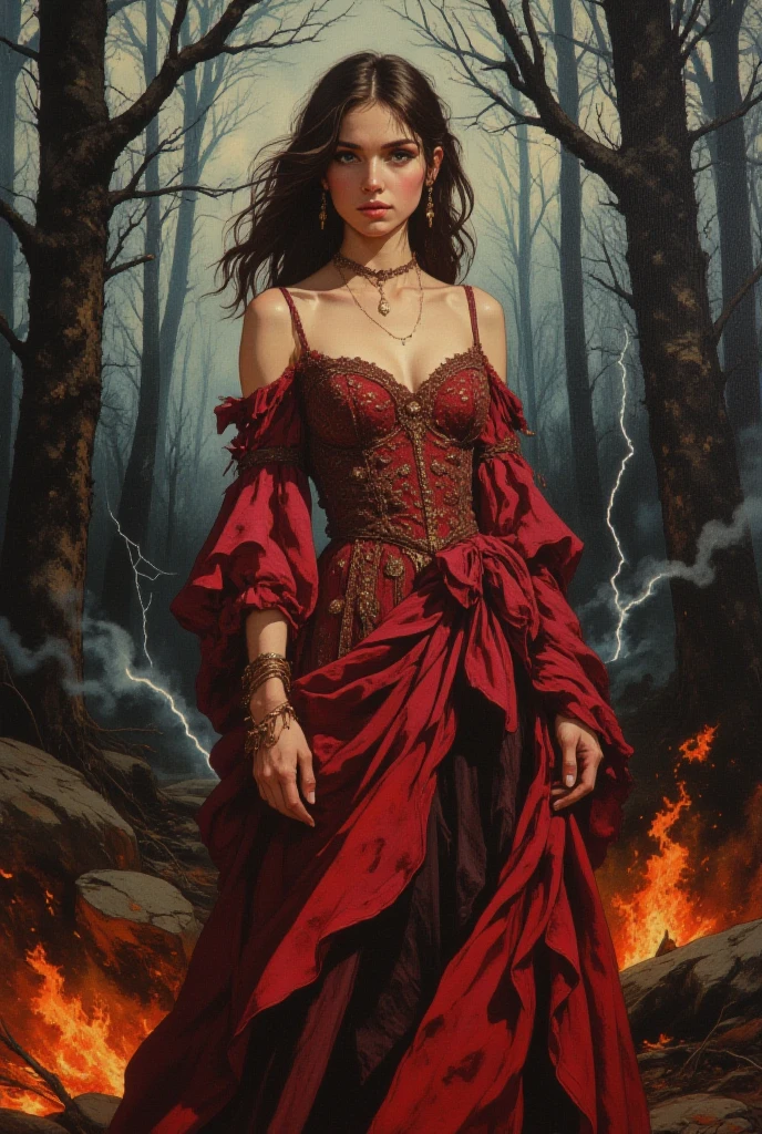 oil painting, cute woman, 23 years old, brunette, hairstyle, dark red elegant dress with rich embroidery, watercolor background of a gloomy forest, black fog, dynamic pose, roaring magic around, fire on the ground, lightning in the sky, portrait, looking straight into the camera, large strokes, high quality details