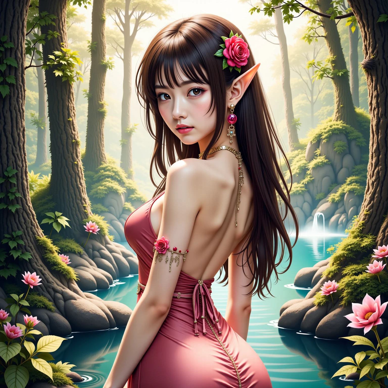  Elf Girl ,long ears, slim figure,    designs that make you feel like woods and nature  （ leaf and flower motifs  、Lightweight fabric ）Clothes for ,  earcuffs and chains to earrings ,corolla,  intellectual and mysterious  , (cat and rabbit  ） pendant or bracelet ,   decorative belts  , asymmetrical costume , Adjusting line thickness using vector layers、 have a 3D effect ,Forest and lake background , Contemporary Art Collage  ,  collage art work,  NEW ALBUM JACKET  ,  great job  !,   digital collage , collage art ,    Contemporary Collage  ,   Mixed Media Collage   ,  surreal + HD, surreal style,convertible, Pop psychedelic art  ,   highly saturated works   ,    motifs to earrings 、 add a slightly fantastic effect with airbrushing   ,