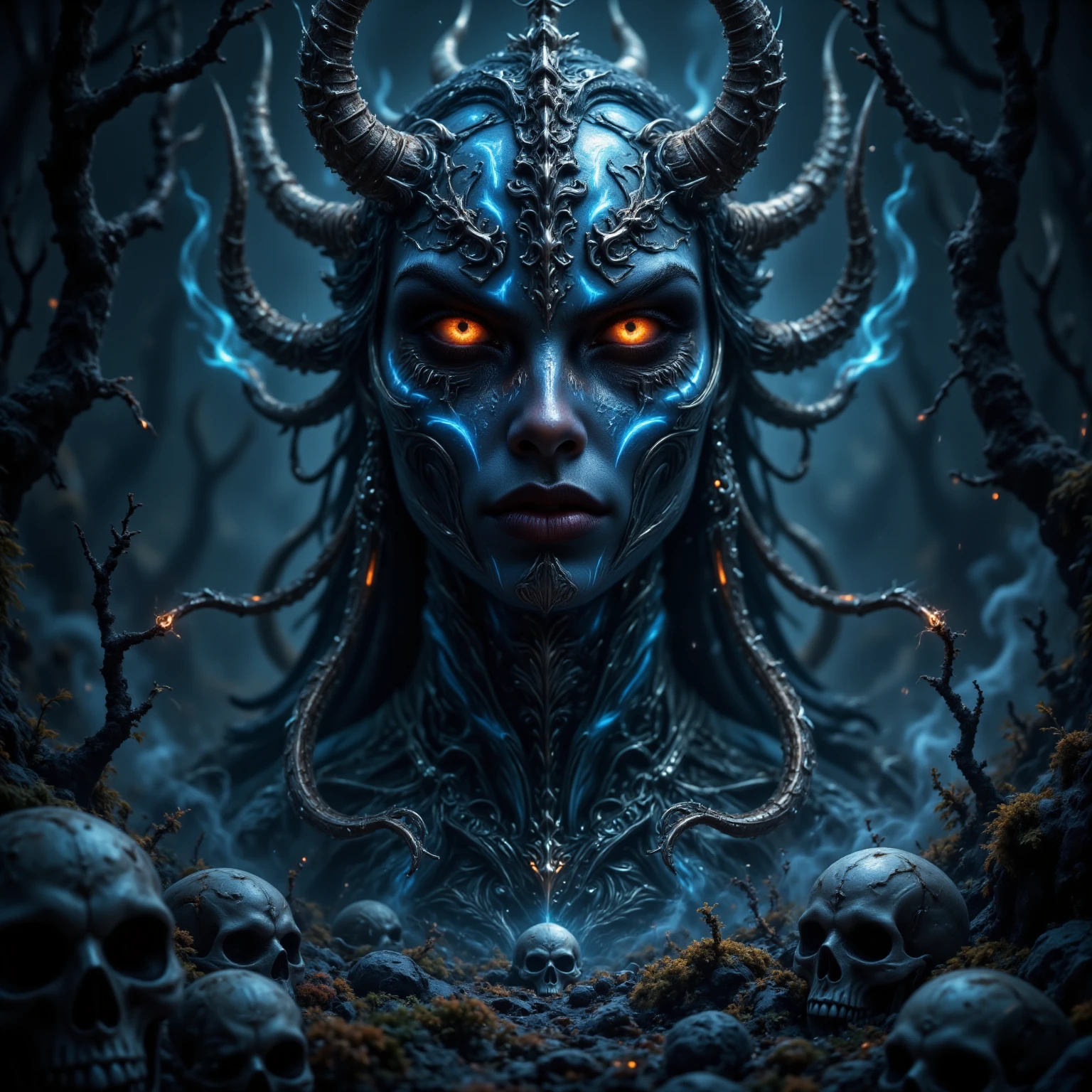 Margot Robbie, malice, skulls, tendrils, dark atmosphere, greyscale, detailed linework, cinematic, psychedelic, black paper with vibrant turqoise line work, ornate, symmetrical, tarot card, highly detailed, ink illustration, style of peter mohrbacher, golden ratio