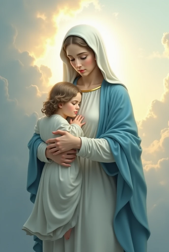 Create an image of the Virgin Mary With a sky-blue cloak Dressed in pure white With a crown Carrying a baby Jesus dressed in red On a background of clouds