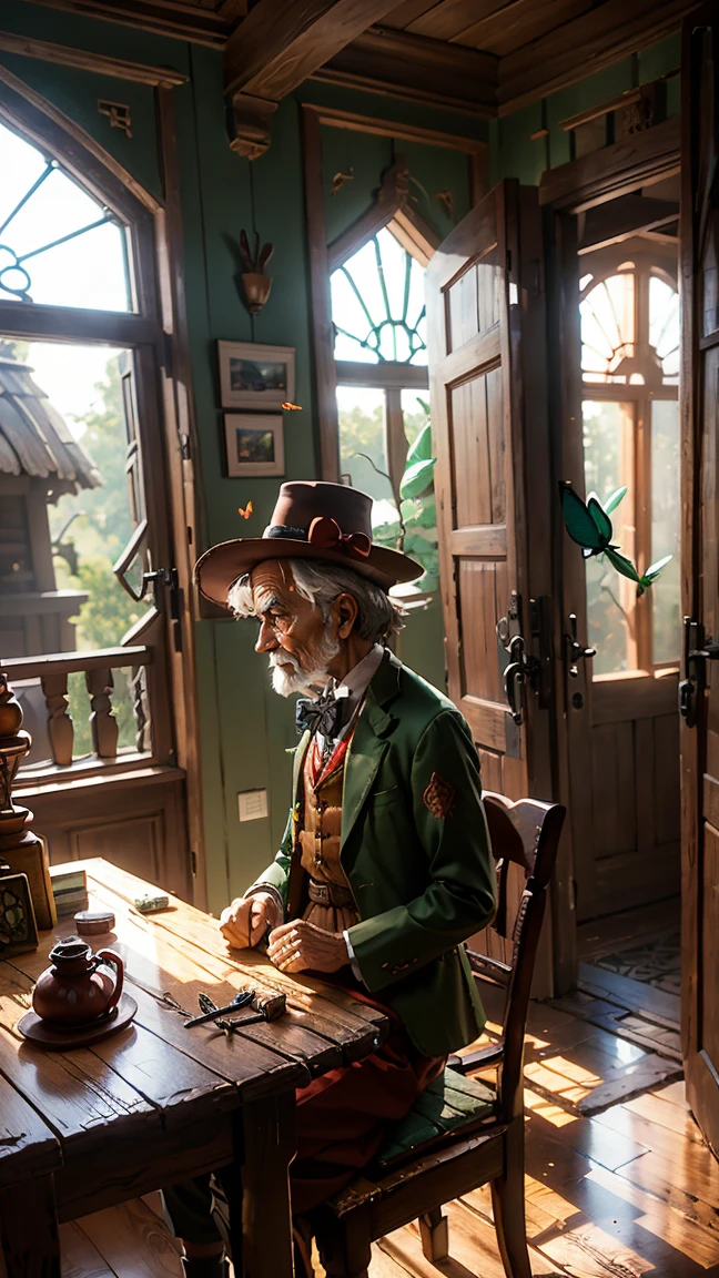 a wooden doll with a green hat and red shorts, shoes with laces, Pinocchio on a table with his hands on his waist and looking into the distance, an old man in a suit and craftsman's tools sitting on a chair at that table, a magical house that was somewhat messy and dusty, butterflies flying all over the room, with giant wooden figures on one wall and another and giant doors, beautifully decorated windows, intricate details, magical colors,

