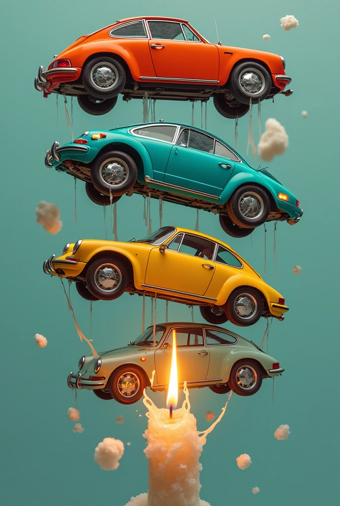 a collage of cars in many colors , Hanging from a burning candle splashed with turquoise oil 