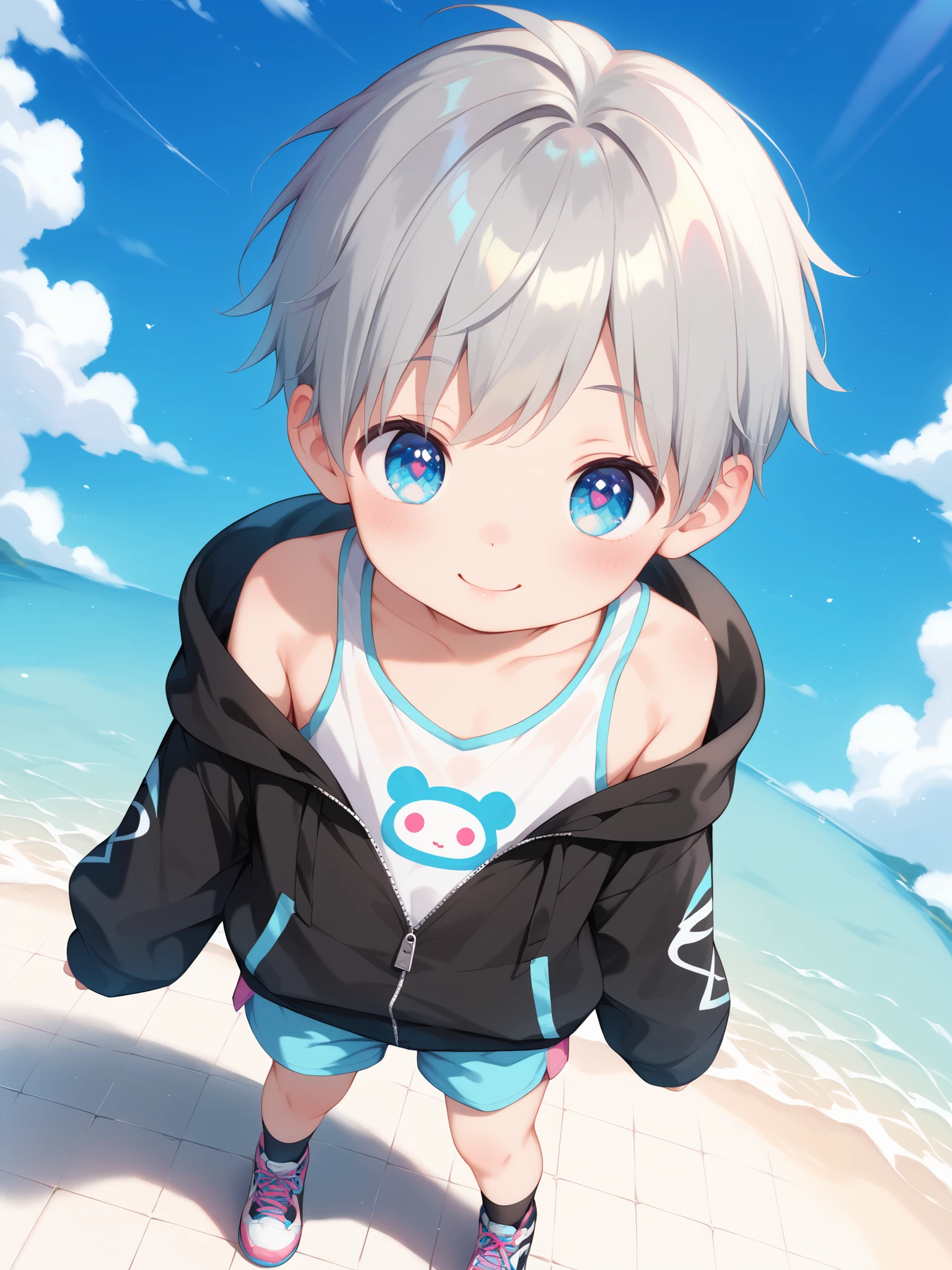 (Solo), (Full body shot), (One young boy), ((About )), (Young boy), (Cute), Happy, (Golden silver hair), (Baby face, Round face), (Big cute eyes), ((Sky blue clear eyes)), ((Playful expression)),
BREAK, (Narrow shoulders), ((Oversized hoodie, Off-shoulder hooded black tank top with open zipper)), Cotton shorts, Socks, (Black and white sneakers), (Arms draped over waist), (Character centered), Pretty thighs, Slim thighs,
BREAK, (Masterpiece: 1.2), Top quality, (High definition), (High resolution), High resolution, (Clear lines), (Full color), ((Pastel style, Pastel colors)), (Detailed face), ((Highly detailed eyes, Detailed pupils)),
BREAK, Perfect anatomy, Pretty hands, Looking at viewer, Standing, ((Front view)), (View from above), (simple background),