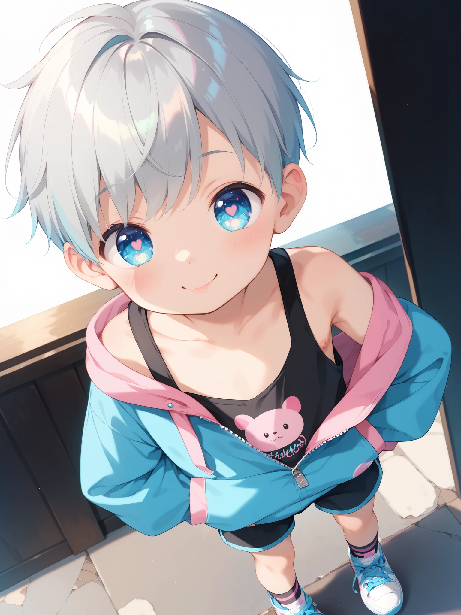 (Solo), (Full body shot), (One young boy), ((About )), (Young boy), (Cute), Happy, (Golden silver hair), (Baby face, Round face), (Big cute eyes), ((Sky blue clear eyes)), ((Playful expression)),
BREAK, (Narrow shoulders), ((Oversized hoodie, Off-shoulder hooded black tank top with open zipper)), Cotton shorts, Socks, (Black and white sneakers), (Arms draped over waist), (Character centered), Pretty thighs, Slim thighs,
BREAK, (Masterpiece: 1.2), Top quality, (High definition), (High resolution), High resolution, (Clear lines), (Full color), ((Pastel style, Pastel colors)), (Detailed face), ((Highly detailed eyes, Detailed pupils)),
BREAK, Perfect anatomy, Pretty hands, Looking at viewer, Standing, ((Front view)), (View from above), (simple background),