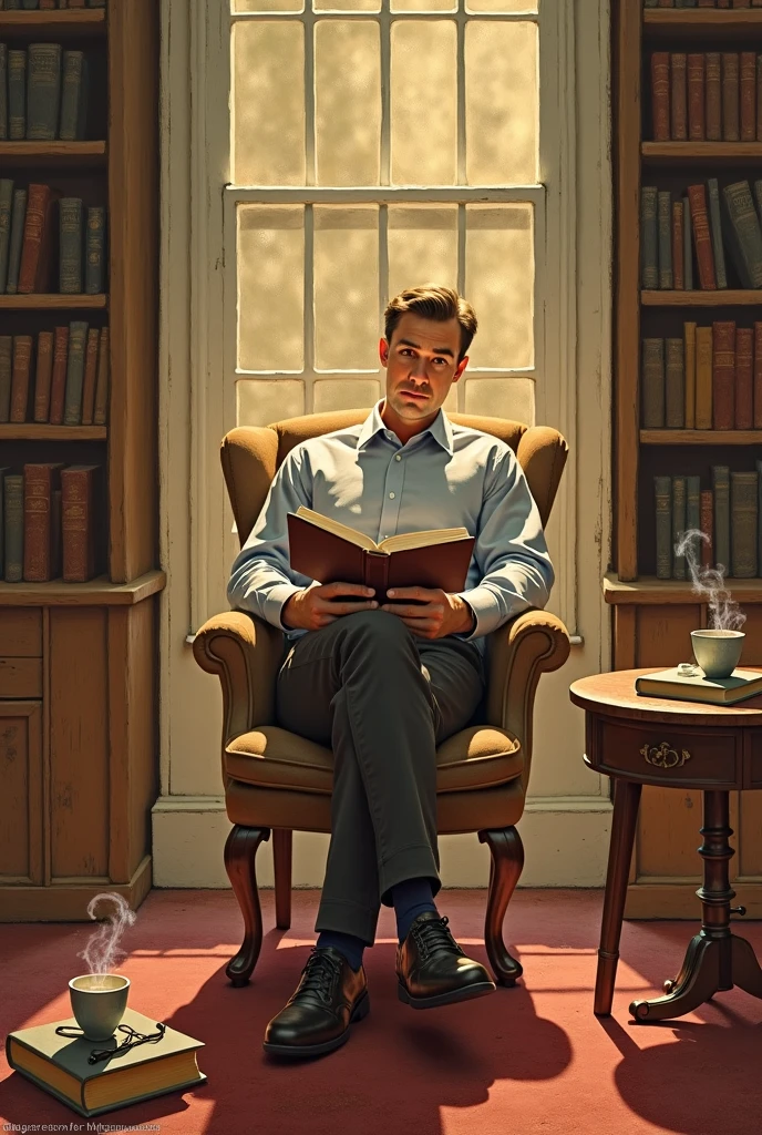 Add this man in the same clothes, only now reading books. 