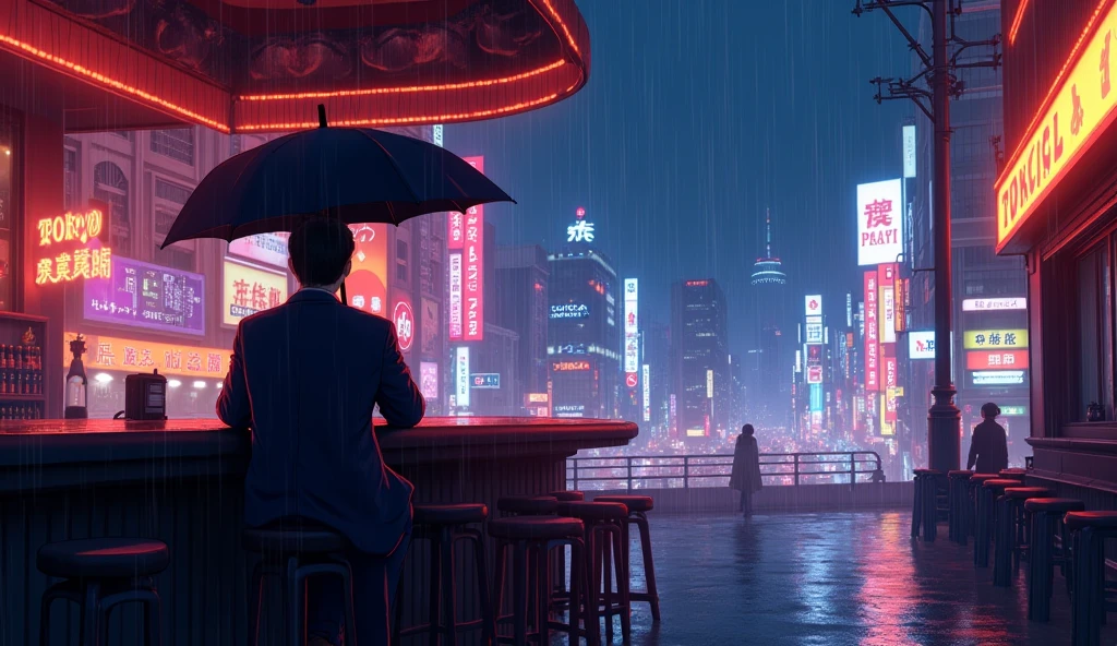 landscape photography（viewed from below、、downhill）、 Illuminated city center 、glowing neon lights、TOKYOcity、fantastic、A man alone sitting in a bar, while the background shows a bustling city on a rainy night、Uma luz、 many purples and oranges 、intricate details、PAUSE lighting volume (obra-prima: 1.2)、(high quality)、4k、ultra-detailed、( The composition of the movement : 1.4)、 Rich in details and colors、A chuva、 rain is falling 、Rain cloud、holding an umbrella in the rain in anime