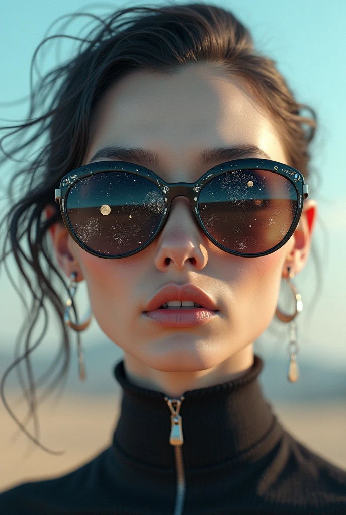 The model is wearing glass sunglasses with stars and the moon on the glass