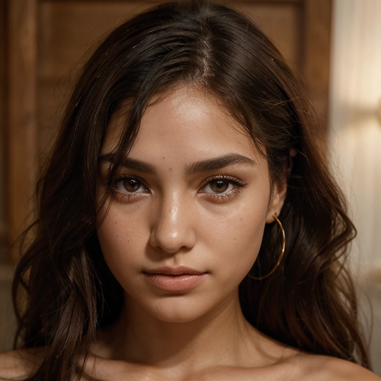 ((best quality)), ((masterpiece)), (detailed), perfect face, , modeling, cute, hair back, slim, brown light skin, in a house ,tempting face expression, extreme close up, happy