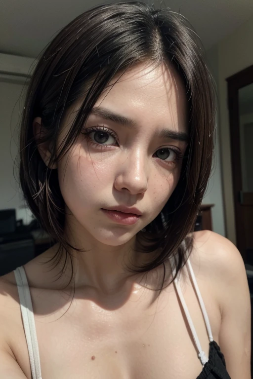 age girl with short black hair combed perfectly up and dark brown eyes