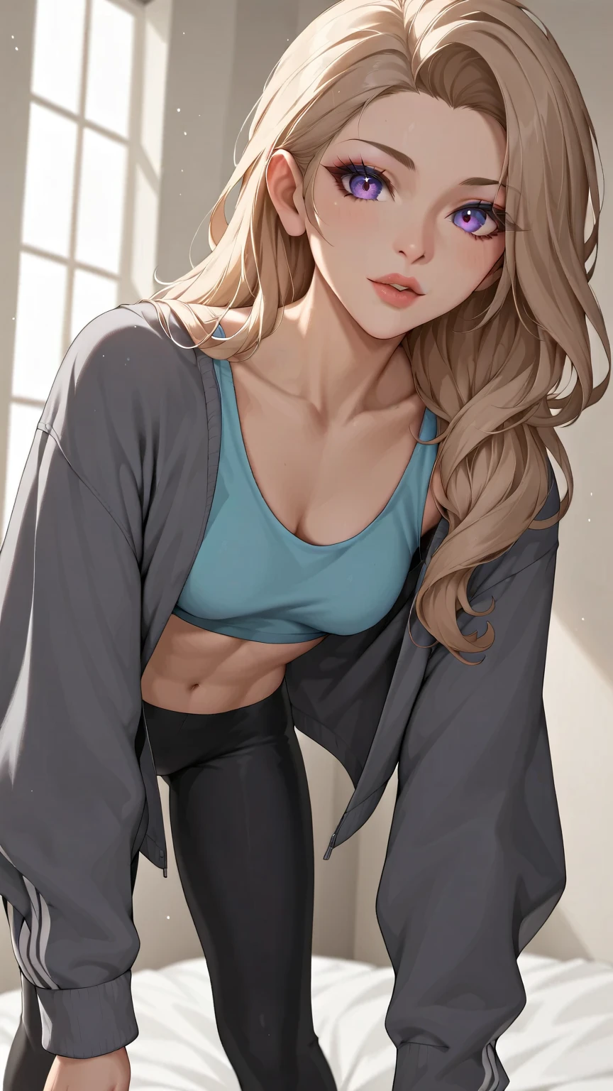 (Meisterwerk), best quality, Perfect woman on her knees, Offensive woman willing to mate,  Constantly excited, Crop Top, squeezing together her breasts, Oversized-Blazer, high-waisted pants, Make-up, plumped lips, natural hairstyle, Feeds on lust and love, von oben, cinematographic lighting,  helle sexy Leggings, she has something kinky in her mind