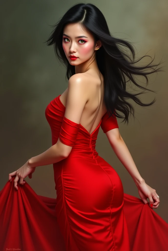 (masterpiece, best quality, ultra detail: 1.2), 1 girl, perfect shape, (g0ld3mb, gold: 1.1), (beautiful tight dress emphasizing the perfect figure: 1.1), long straight black hair, braided hair wrapped in white silk, (red background) :1.2), next to the ferocious wolf 