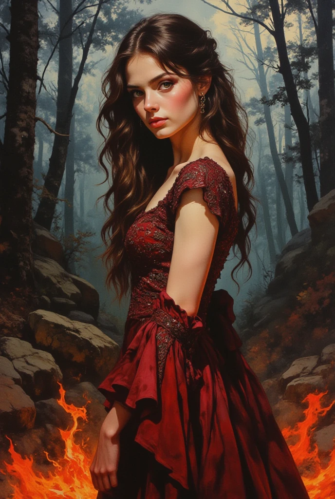oil painting, cute woman, 23 years old, brunette, hairstyle, dark red elegant dress with rich embroidery, watercolor background of a gloomy forest, black fog, dynamic pose, roaring magic around, fire on the ground, lightning in the sky, portrait, looking straight into the camera, large strokes, high quality details