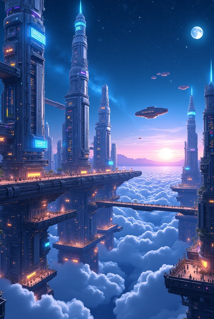An ultra-detailed anime-style city floating high above the clouds, illuminated by countless neon lights and bathed in a deep cosmic glow. The sky is a vast expanse of midnight blue, filled with galaxies, shooting stars, and two glowing moons—one pale white, the other a soft violet. The city itself is built on enormous floating platforms, connected by light-bridges and anti-gravity elevators humming with energy.

Skyscrapers stretch into the sky like crystal towers, their surfaces shimmering with holographic displays, animated signs, and glowing vines of bioluminescent tech-plants wrapping around them. Airships and hovercars move smoothly between the buildings, leaving behind trails of soft light that swirl through the night like constellations in motion.

Below, a sea of clouds stretches endlessly, lit from underneath by pulses of blue and purple light, as if another city hides in the mist. Between the platforms, floating gardens bloom with glowing flowers and mirrored lakes, where people gather to stargaze and share quiet moments. The art is sharp and dynamic, blending high-tech elements with emotional serenity—perfect for a sci-fi anime lover’s dream wallpaper."