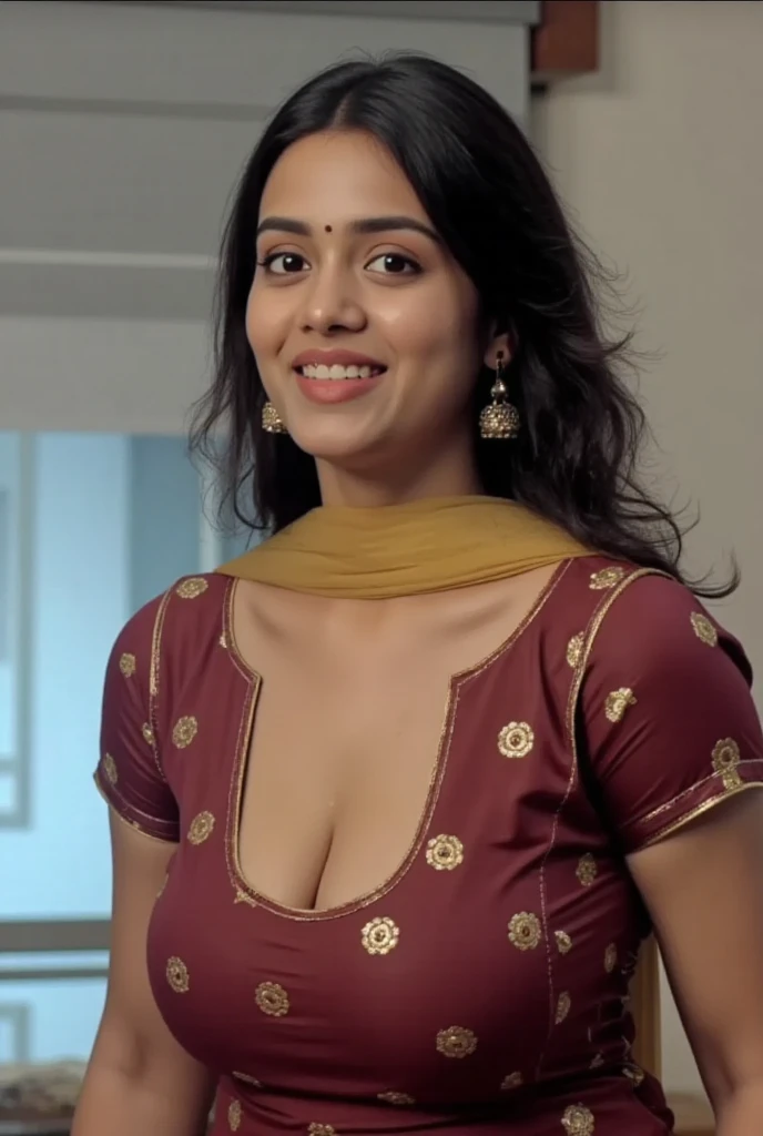 close up photo of 45 years old naked kiara in a bathroom, swooping breasts, smile with oozung out of mouth, deep cleavage, nipples, look at camera, blue scout uniform, 4K, HD